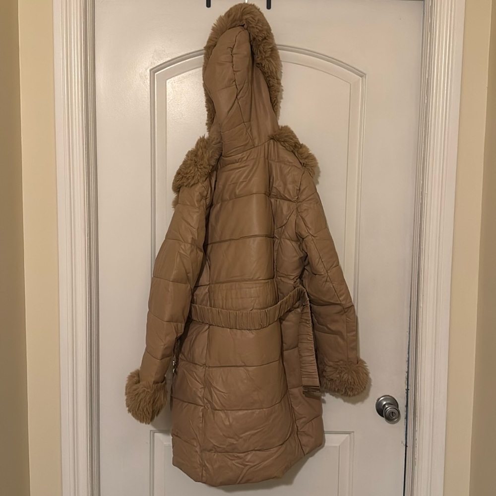 Faux Leather Fur Lined Jacket Women Winter Coat, Hood Fur Collar,Overcoat Belted